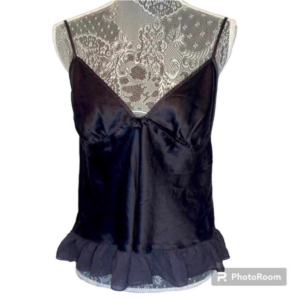 Victoria’s Secret SILK black camisole. Sheer ruffle detail along bottom. Large.‎